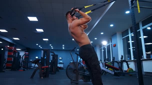 体格健壮的运动员锻炼 年轻英俊的男子在体育馆做运动 — 图库视频影像
