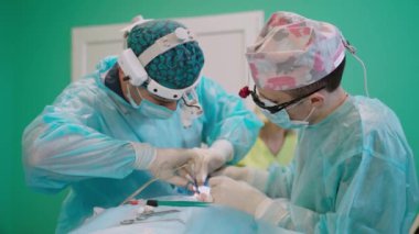 Profesyonel Tıp Doktorları Ameliyat Yapıyor. Bir grup doktor ameliyat sırasında hastaya konsantre oluyor.