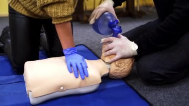 Kardiyopulmoner resüsitasyon işlemi. İlk yardım dersinde manken üzerinde kardiyopulmoner resüsitasyon uygulayan insanlar