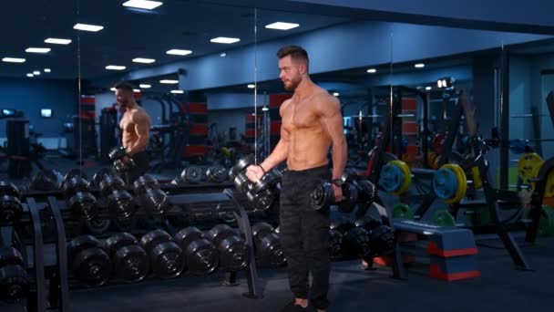 Homem Motivado Treinar Músculos Atlético Sem Camisa Jovem Modelo Fitness — Vídeo de Stock