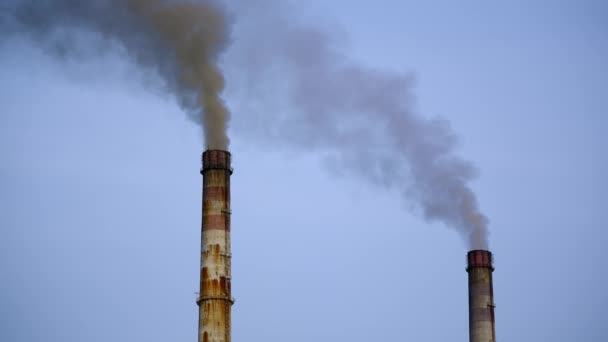Rookpijpen Van Elektriciteitscentrale Giftige Rook Uit Fabrieksschoorsteen — Stockvideo