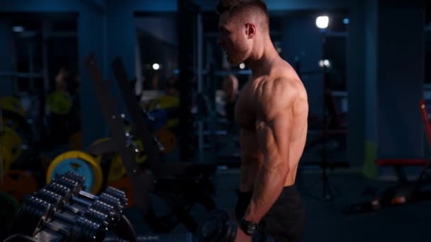 筋肉ボディービルダー 持っている ダンベル ジムで働いている間にダンベルを保持するフィット若者 — ストック動画