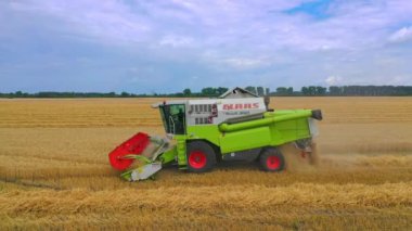 Tarlalardaki hasat makinesinin havadan görüntüsü. Altın buğday tarlasının uçan dronu