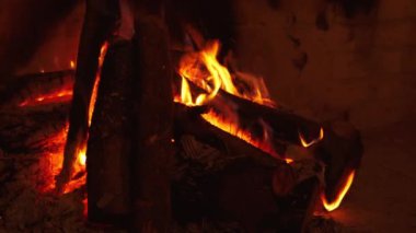Şenlik ateşi alevleri. Güzel kırmızı alev çatalları. Yanmış odun. Ateşin gücü. Video.