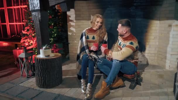 Loving Couple Warming Evening Fireplace Same Knitted Sweaters Male Female — Stock Video