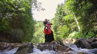 Yeşil doğa arka planında müzik çalan çellocu. Siyah elbiseli güzel kadın orman nehri arasında çello çalıyor. Aşağıdan görüntüle.