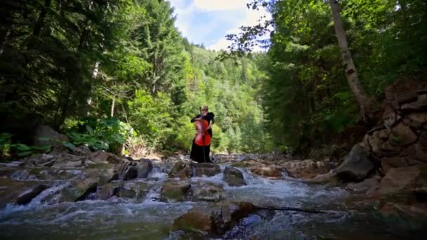 美しい女の子は自然の風景にチェロを演じています 緑の木と山の川の背景 — ストック動画