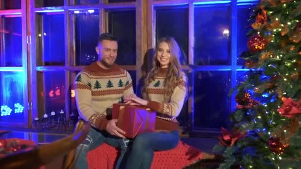 Newlyweds Knitted Christmas Sweaters Holding Christmas Presents Christmas Tree — Stock Video