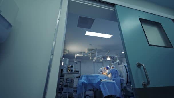 Operacja Neurochirurgiczna Nowoczesnej Klinice Innowacyjnym Wyposażeniem Selektywne Ustawianie Ostrości Drzwi — Wideo stockowe