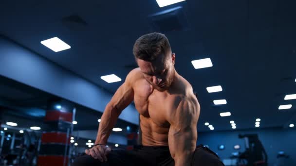 Apto Homem Musculoso Exercitando Com Halteres Muscular Jovem Levantando Pesos — Vídeo de Stock