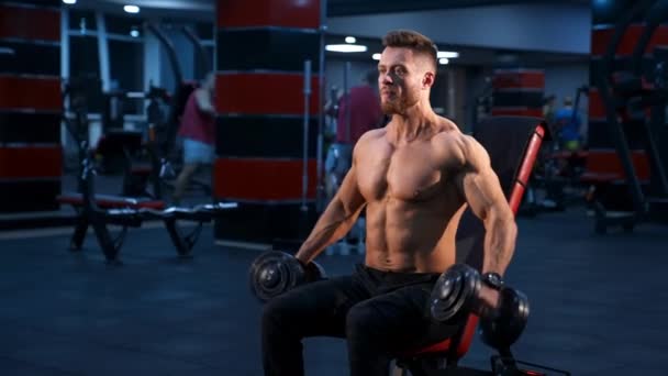 Stilig Power Atletisk Man Bodybuilder Gör Övningar Med Hantlar Fitness — Stockvideo