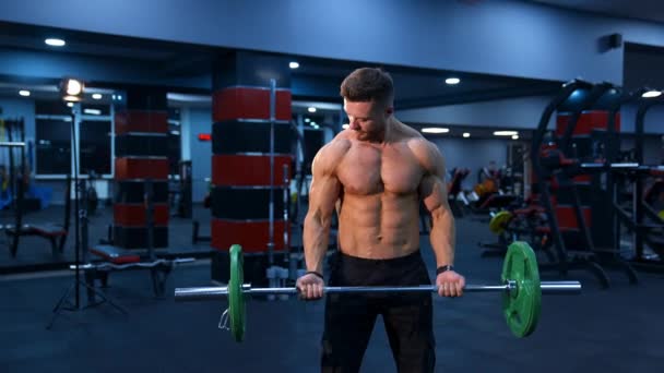 Atletische Man Sportschool Aan Het Trainen Met Lange Halter Bodybuilder — Stockvideo