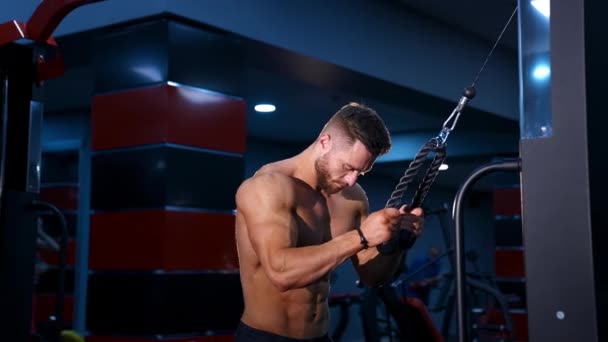 Mann Mit Perfektem Körper Trainiert Muskeln Sportgeräten Blick Von Der — Stockvideo