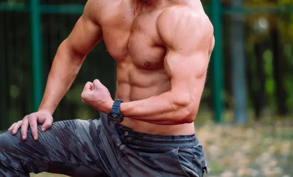 Shirtless Man Posing for a Fitness Photo. A shirtless man with no shirt on posing for a picture