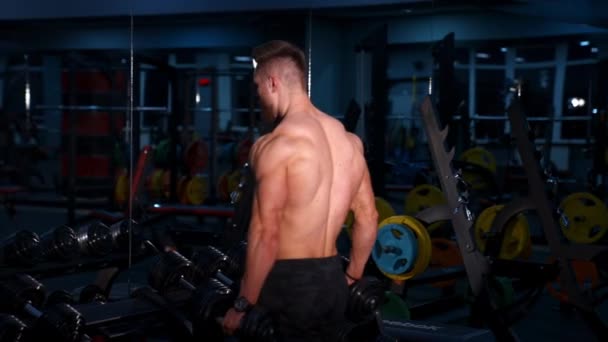 Ajuste Homem Novo Que Levanta Halteres Que Fazem Exercício Gym — Vídeo de Stock