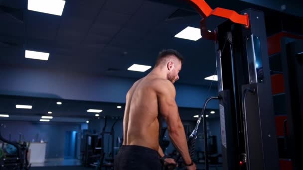 Fitter Muskelmann Trainiert Mit Sportgeräten Muskulöser Junger Mann Stemmt Gewichte — Stockvideo