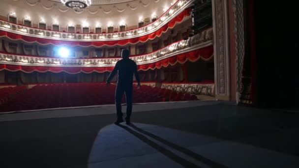 劇場の講堂には誰もいない 俳優は空のホールの前にリハーサルを持っています — ストック動画