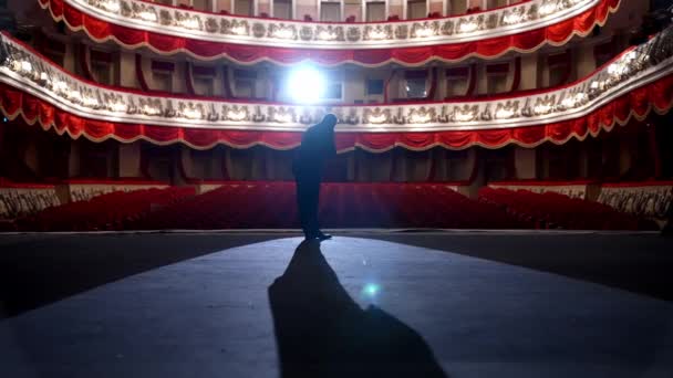 Κενό Ράους Στο Θέατρο Ηθοποιός Υποκλίνεται Μπροστά Από Άδειο Αμφιθέατρο — Αρχείο Βίντεο