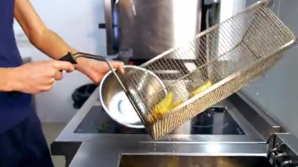 Büyük Paslanmaz Çelik Kaseye Konmuş Patates Kızartması Hazır Modern Restoranda — Stok video