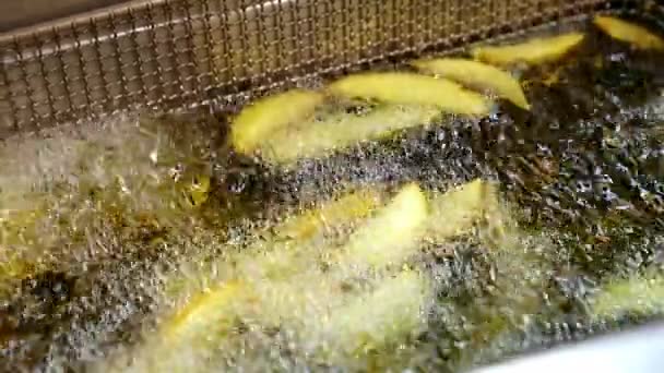 Kızarmış Patatesler Kızartma Sepetinde Büyük Miktarda Yağ Ile Hazırlandı Fast — Stok video