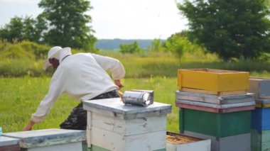 Arıcı bir bal peteği çıkardı ve onu bir fırçayla temizledi. Arı kovanındaki adam koruyucu şapkayla çalışıyor. Apiculture kavramı.