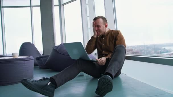 Young Man Sitting Floor Laptop Computer Work Stress Concept Man — Stock Video