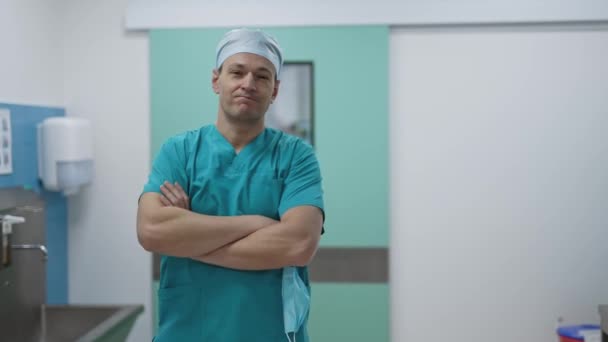 Portrait Professional Surgeon Looking Camera Successful Operation Background Modern Hospital — Stock Video