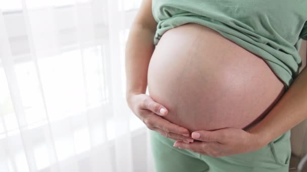 未来的母亲用双手爱抚着她赤裸的肚子 站在窗边的孕妇 未来母亲的裸胃闭锁 — 图库视频影像