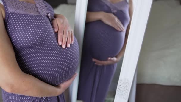 Hamileliğinin Son Aylarında Aynanın Önünde Duran Bir Kadın Mor Elbiseli — Stok video