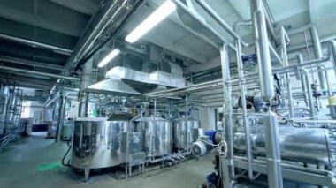 Süt ürünleri fabrikasındaki parlak gümüş sarnıçlar arasında bir yürüyüş. Süt ürünleri üretiminde modern teknolojiler. Büyük fabrikalarda boru ve sarnıçlar var..