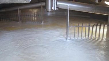 İki büyük otomatik hortum dönüyor ve süt ürünlerini karıştırıyor. Büyük bir tanka mayalanmış süt karıştırılıyor. Modern fabrikada tereyağı ve peynir üretimi.
