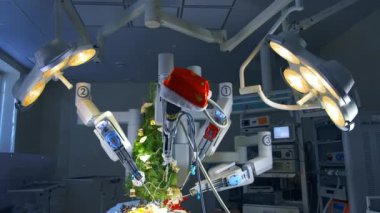 Işıklı ameliyathanede fütüristik yenilikçi cerrahi ekipmanlar var. Noel Baba 'nın şapkasıyla süslenmiş robot kollar mandalinaları soyar. Ameliyat masasında Noel ağacı ve süslemeler.