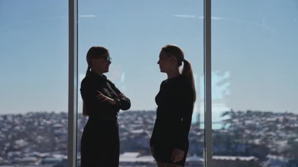 Młode Pracownice Biurowe Rozmawiają Czymś Przed Panoramicznym Oknem Biura Przerwa — Wideo stockowe