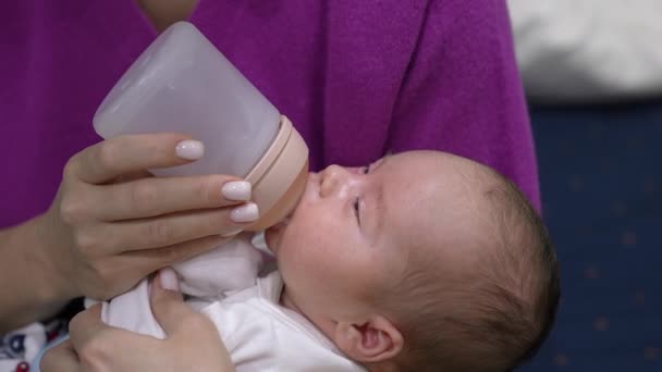 Γλυκό Μωράκι Που Τρώει Γάλα Από Ένα Μπουκάλι Στα Χέρια — Αρχείο Βίντεο