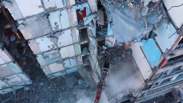 House Ruined Natural Disaster Being Demolished Excavator Removing Debris Destroyed — Stock Video