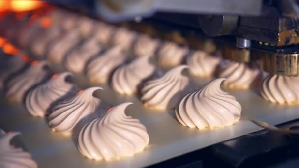 컨베이어 벨트에 압착되는 마시멜로우 맛있는 과자를 생산하는 기계의 클로즈업 프로세스 — 비디오