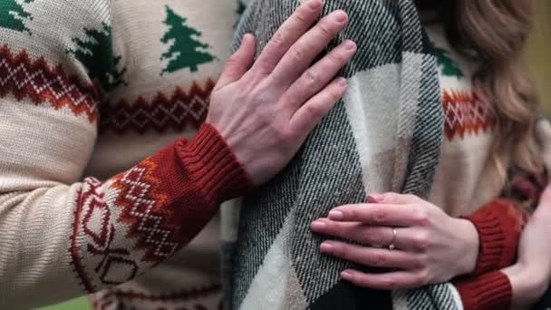 그들의 날짜를 즐기는 동일한 스웨터를 남자는 무늬로 친구를 배경에서 데이트 — 비디오