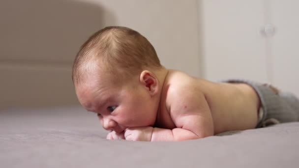 Niemowlę Leżące Łóżku Brzuchu Słodki Chłopiec Żuje Swoje Malutkie Pięści — Wideo stockowe