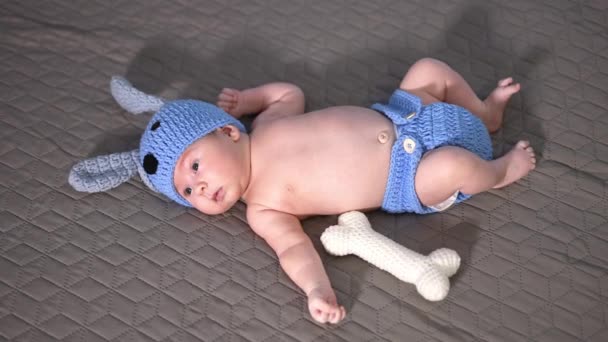 甜美的婴儿穿着小狗的衣服躺在大床上 赤身裸体的婴儿穿着尿布 头戴帽子躺在床上 从上面看 — 图库视频影像