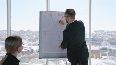 Profesyonel takım toplantı yapıyor. İş adamı grafik gösteriyor ve yeni bir sayfa açıyor. Ofiste dost canlısı bir ortam..