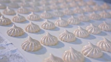 Endüstriyel şeker üretimi. Marshmallow konveyör boyunca yavaşça ilerliyor. Tatlılar fabrikası yapımı.