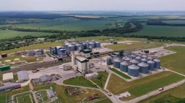 Kırsal bölgede güncel tahıl kurutma kompleksi var. Büyük tarım şirketinin panoramik görüntüsü. Arka planda tarım alanları ve ormanlar.
