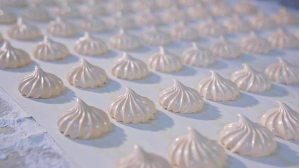 Produção Industrial Doces Marshmallow Movendo Lentamente Longo Transportador Sobremesas Fabricação — Vídeo de Stock