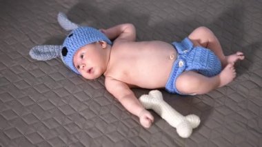 Örgü mavi kostümlü güzel bir çocuk. Yavru köpek kostümlü bebek gri arka planda yatıyor. Yukarıdan görüntüle.