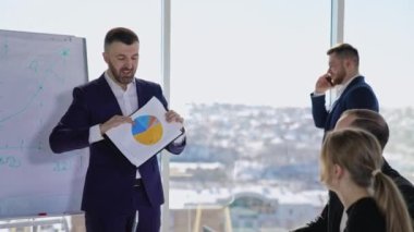 İş toplantısı ve ofiste beyin fırtınası. Meslektaşlarımızın önünde diyagramı sunuyorum. Ofisin pencerelerinin arkasındaki şehir manzarası.