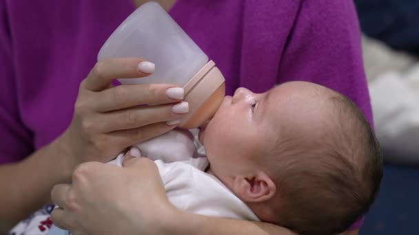 Новорожденный Ребенок Сосет Бутылку Смотрит Свою Мамочку Милый Младенец Руках — стоковое видео