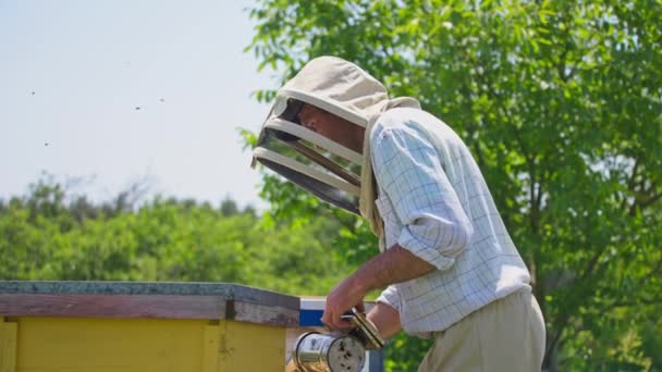 Imker Hält Spezielle Instrumente Für Die Bienenzucht Der Hand Bienenzüchter — Stockvideo