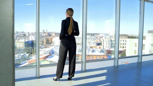 Atrakcyjna Bizneswoman Stanowisku Widok Atrakcyjnej Kobiety Biurze Korporacyjnym — Wideo stockowe
