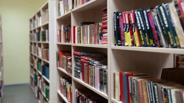 Books Wooden Shelf Bookshelves Library Books — Stock Video