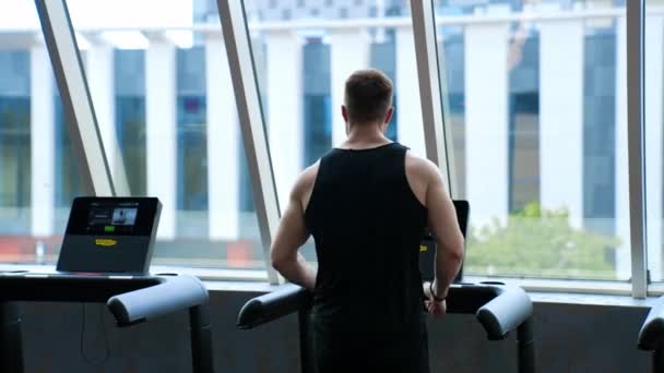 Man Running Treadmill Machine Young Athletic Man Exercising Running Treadmill — Stock Video